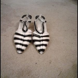 Black and white backstrap heel shoes
